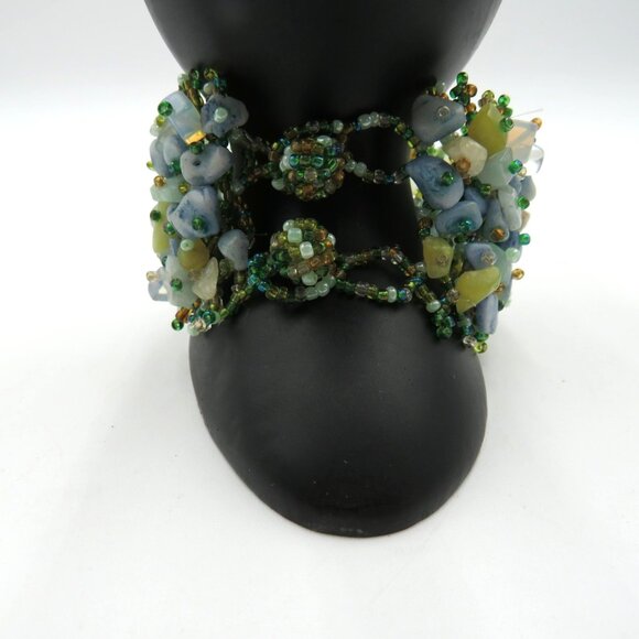 Beaded Stone Chip Wide Cuff Bracelet Green Blue Boho Chunky Statement - Picture 4 of 8